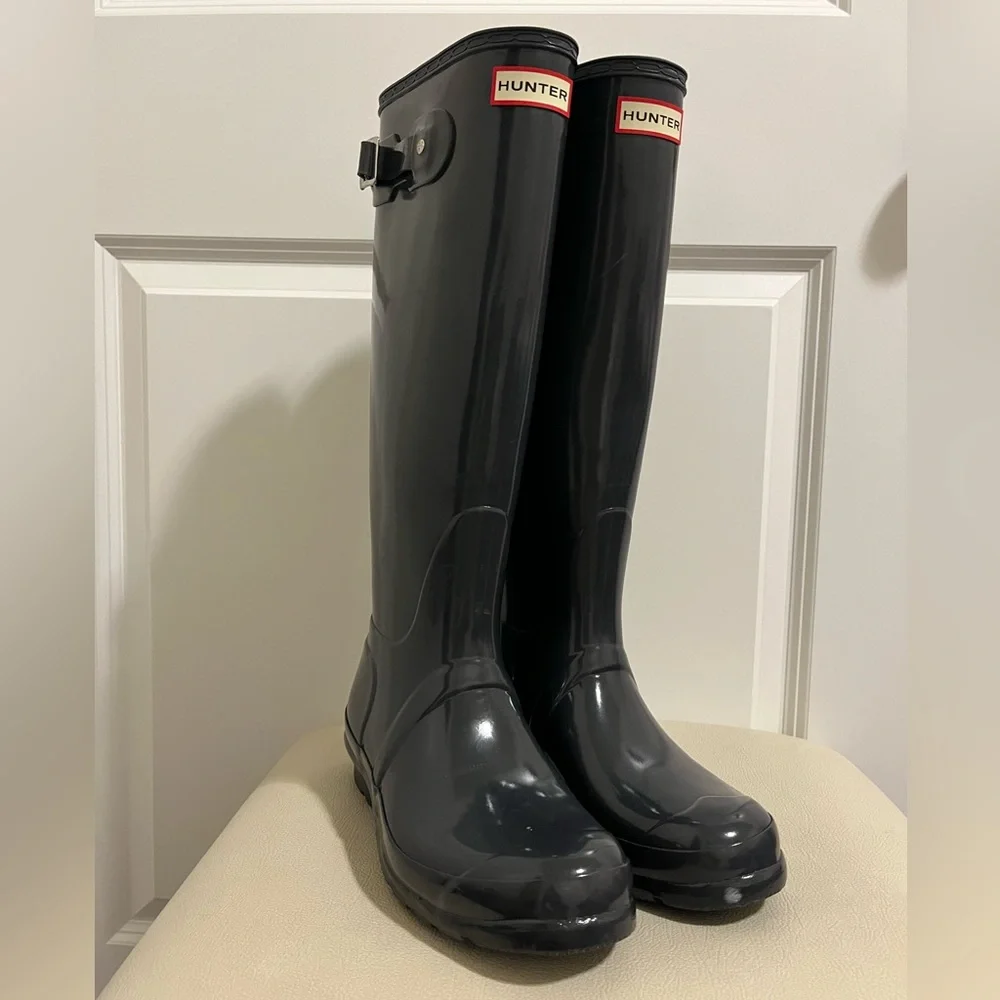 HUNTER Original Tall Black Gloss Buckle Strap Rain Boots Big Girls Size 5